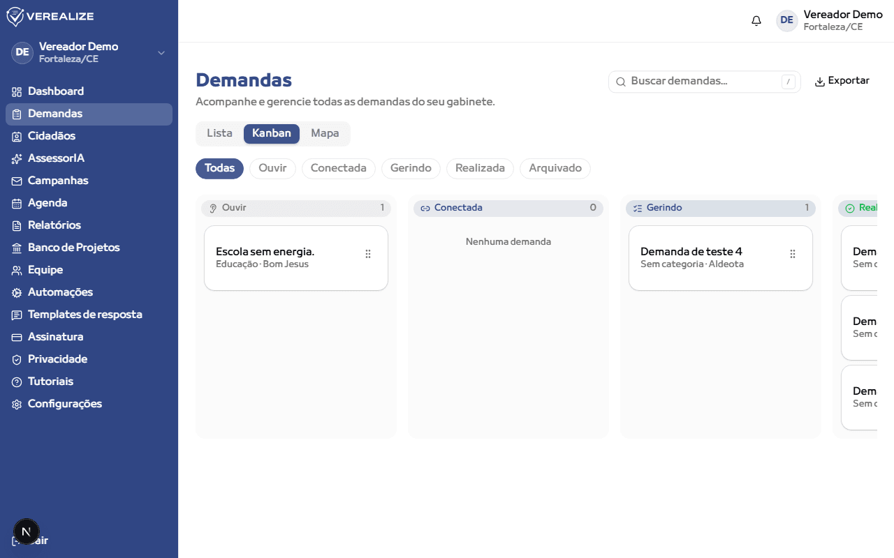 Escolha a visualização: Lista, Kanban ou Mapa