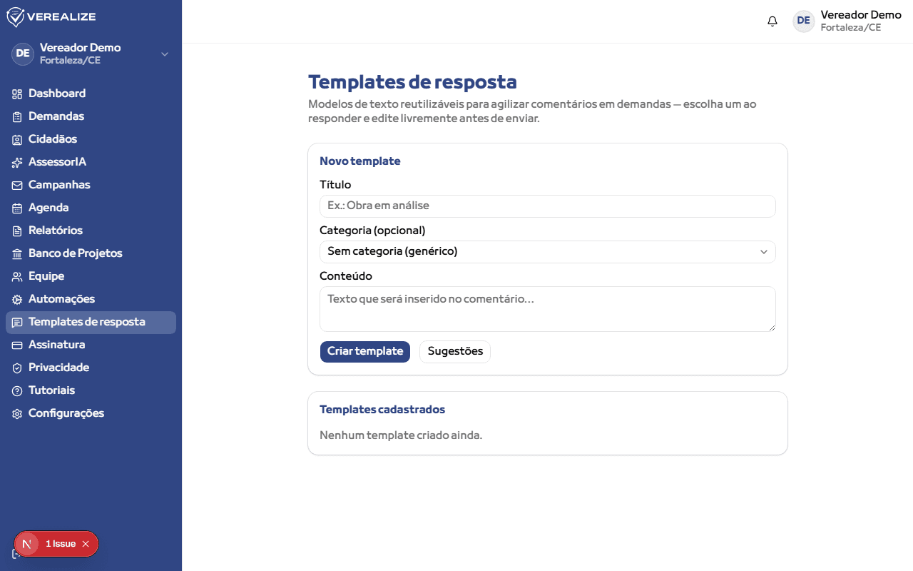 Acesse "Templates de resposta" no menu lateral